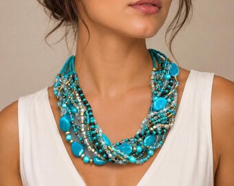 Turquoise Statement Multi Strand Necklace, Blue Beaded Bib Necklace, Chunky Boho Necklace, Resort Jewelry, Summer Gift for Women