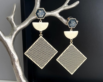 Geometric Gold Dangle Earrings, Black Hexagon Earrings, Modern Mesh Statement Earrings, Art Deco Gold Earrings, Lightweight Jewelry