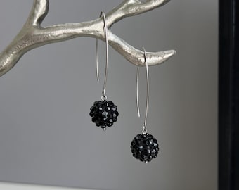 Black Pavé Crystal Ball Earrings, Long Silver Drop Earrings, Sparkly Black Crystal Dangle Earrings,  Evening Cocktail Earrings, Gift for Her