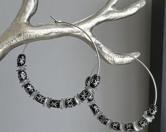 Black and Silver Hoop Earrings, Beaded Hoop Earrings, Geometric Statement Earrings, Modern Silver Hoops, Lightweight Boho Jewelry, Gifts