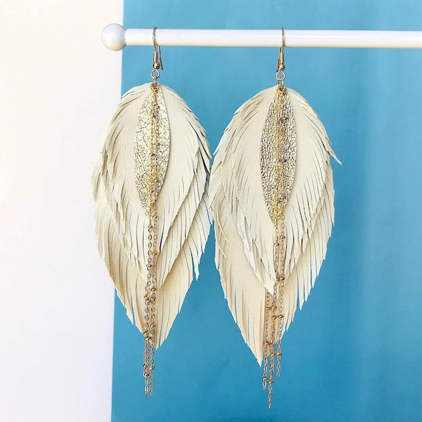 Off-White Leather Leaf Earrings: Boho Statement Jewelry