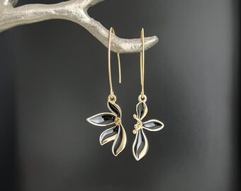 Black Enamel Flower Earrings, Elegant Gold Threader Earrings, Modern Floral Earrings, Botanical Dangle Earrings, Statement Earrings, Gifts
