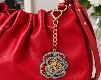 Turquoise 3D Flower Bag Charm, Gold Floral Purse Charm, Statement Handbag Charm, Heart Clasp Keychain, Boho Bag Accessory