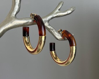 Tortoise Shell Hoop Earrings, Minimalist Brown Hoops, Acrylic Gold Tube Hoops, Modern Statement Earrings, Lightweight Earrings, Gift for Her
