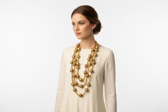 Statement Gold Wood Beads Necklace | Long Layered Necklace | Boho Chic Jewelry | Bold Wooden Bead Necklace | Gift for Her