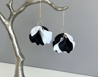 Black and White Flower Earrings, Long Gold Drop Earrings, Statement Floral Earrings, Modern Petal Dangle Earrings, Gift For Her