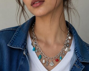 Beach Charm Necklace, Ocean Theme Necklace, Turquoise Coral Pearl Necklace, Seashell Starfish Necklace, Silver Charm Summer Necklace, Gift