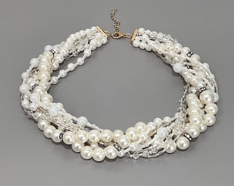 Multi-strand pearl necklace, vintage Chech beads statement necklace, bridal necklace, layered pearl choker, elegant wedding jewelry, gift
