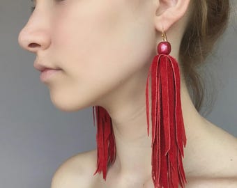 Red Leather Tassel Earrings: Statement Boho Fringe Jewelry