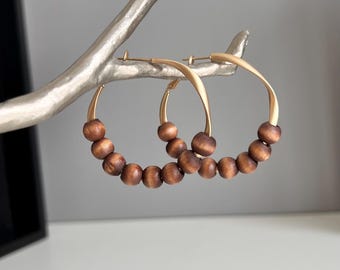 Matte Gold Hoop Earrings with Brown Wooden Beads, Modern Minimalist Hoops, Lightweight Boho Earrings, Contemporary Earrings, Gift for Her