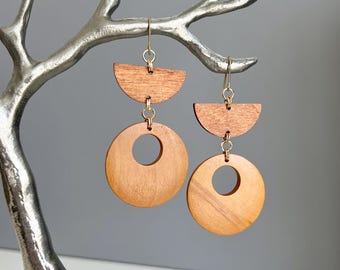 Wood Geometric Dangle Earrings, Lightweight Wooden Statement Earrings, Modern Circle Drop Earrings, Minimalist Jewelry, Gift for Her