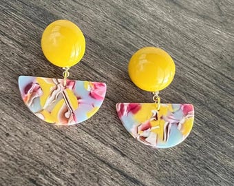 Yellow Acrylic Earrings: Geometric Rainbow Design
