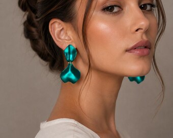 Emerald Green Shimmer Leaf Earrings, Statement Teal Green Petal Earrings, Floral Bridesmaid Earrings, Wedding Guest Earrings, Gift For Her