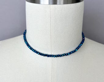 Blue Crystal Choker: Iridescent Faceted Czech Glass Beads