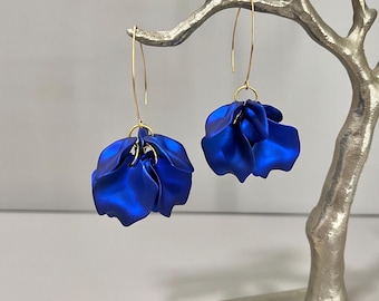 Blue Petal Drop Earrings: Statement Floral Dangle Earrings