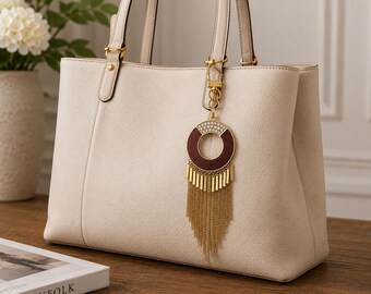 Gold Brown Wood Bag Charm, Crystal Statement Purse Charm, Long Chain Tassel Handbag Charm, Boho Luxury Keychain