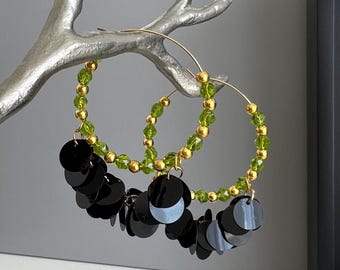 Lime Green and Black Hoop Earrings, Beaded Statement Hoops, Sequin Hoop Earrings, Modern Boho Earrings, Contemporary Jewelry, Gift for Her