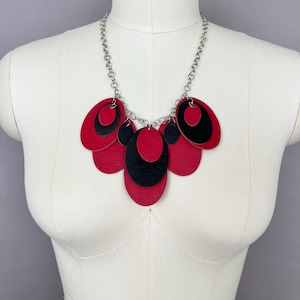 Black and red statement necklace, oval leather bib necklace, modern petal design necklace, minimalist necklace, jewelry gift for her
