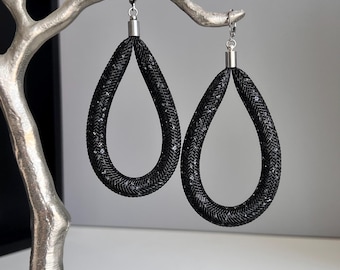 Black Mesh Crystal Teardrop Earrings, Sparkle Statement Earrings, Modern Hoop Earrings, Lightweight Glam Earrings, Evening Jewelry, Gifts