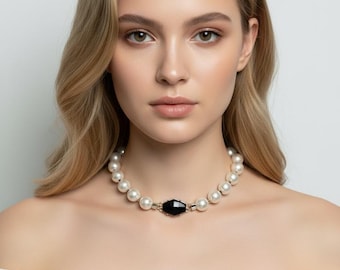 Black Blue Pearl Choker Necklace, Geometric Statement Pearl Necklace, Gold White Black Choker, Bridal Necklace, Elegant Wedding Jewelry