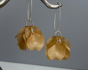 Golden Taupe Flower Earrings, Matte Floral Earrings, Modern Petal Earrings, Lightweight Statement Earrings, Contemporary Drop Earrings, Gift