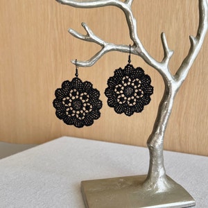 Black flower earrings, black lace earrings, statement earrings, boho earrings, gift for her, textile earrings, lightweight earrings