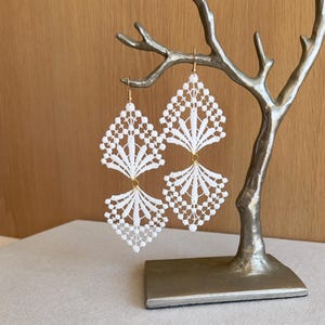 Art deco lace earrings, statement white earrings, wedding earrings, bridal earrings, geometric earrings, lightweight earrings, gift for her