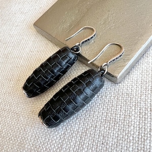 Statement black earrings, geometric leather earrings, black crystal design earrings, modern earrings, dangle earrings, gift for her