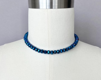 Blue Crystal Choker: Iridescent Faceted Czech Glass Beads