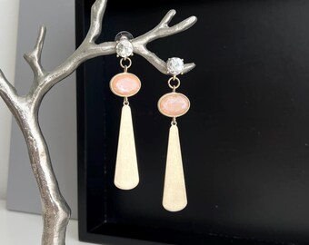 Art Deco Statement Earrings, Peach Resin and Crystal Earrings, Gold Teardrop Dangle Earrings, Geometric Evening Jewelry, Gift for Women