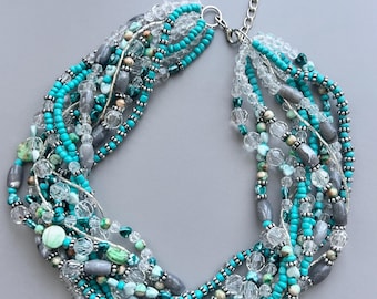 Turquoise Gray Statement Necklace, Multi Strand Beaded Necklace, Vintage Inspired Bib Necklace, Boho Jewelry, Gift for Women