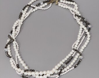 Pearl Statement Necklace: Gray Beads & Crystal Boho Necklace