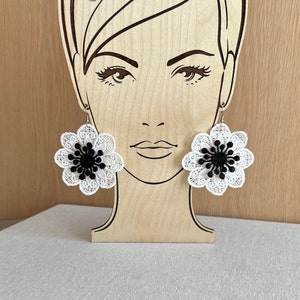 Flower earrings, lace earrings, black and white earrings, wedding earrings, statement earrings, boho earrings, textile earrings