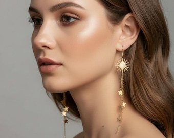 Gold Sun and Star Drop Earrings, Celestial Dangle Earrings, Long Chain Earrings, Statement Earrings, Sunburst Earrings, Gift for Her
