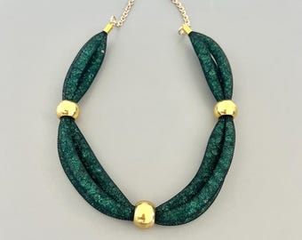 Green and gold mesh necklace, sparkle crystal necklace, statement necklace, modern necklace, elegant necklace, green collar, gift for her