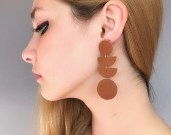 Brown Leather Geometric Earrings: Lightweight Statement Jewelry