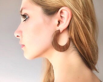 Brown Wood Hoop Earrings, Lightweight Wooden Statement Earrings, Geometric Hoop Earrings, Modern Minimalist Earrings, Gift for Her