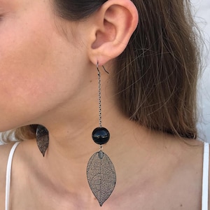 Black filigree leaf earrings, ball drop earrings, long black dangle earrings, boho earrings, geometric earrings, gift for her