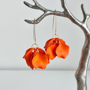 Orange leaf earrings, orange petal dangle earrings, boho chic earrings, statement earrings, floral earrings, gift for her, flower earrings