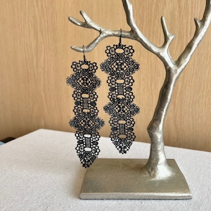 Statement black earrings, black lace earrings, geometric earrings, textile earrings, gift for her, cotton earrings, lightweight earrings