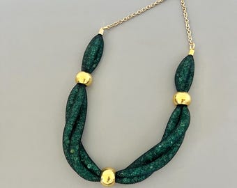 Twisted green and gold mesh necklace, sparkle crystal necklace, statement necklace, modern necklace, elegant necklace, green collar, gifts