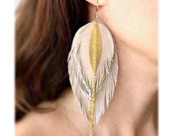 Large Leather Leaf Earrings: Beige Boho Statement Earrings