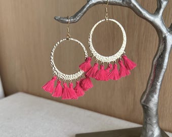 Pink Tassel Earrings: Gold Boho Gipsy Statement Earrings