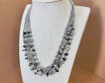 Gray Glass Bead Necklace: Silver Crystal Boho Party Necklace