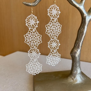 Elegant off-white lace earrings, textile earrings, lightweight earrings, gifts, bridal earrings,  geometric earrings, art deco earrings