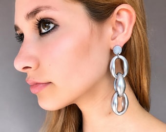 Silver Statement Earrings, Chunky Chain Link Earrings, Modern Geometric Earrings, Long Dangle Acrylic Earrings, Bold Minimalist Jewelry Gift