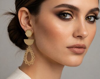 Gold Statement Earrings, Art Deco Gold Earrings, Filigree Modern Earrings, Shimmer Resin Geometric Dangle Earrings, Long Drop Earrings, Gift