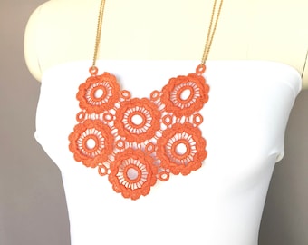 Orange lace necklace, lace bib necklace, gift for mom, statement necklace, boho necklace, gift for her, unique  necklace, textile necklace