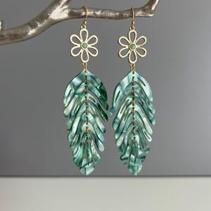 Green Leaf Drop Earrings, Green Boho Earrings, Acrylic Earrings, Gold Flower Earrings, Statement Earrings, Tropical Leaf Earrings, Gifts