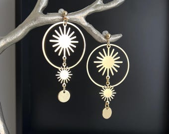 Gold Sunburst Hoop Earrings, Celestial Statement Earrings, Modern Geometric Dangle Earrings, Circle Earrings, Boho Sun Earrings, Gifts